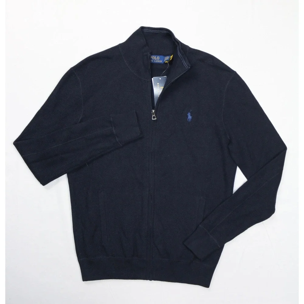 Polo Ralph Lauren Mens Waffle Knit Full Zip Sweater Navy Blue S Small Pony